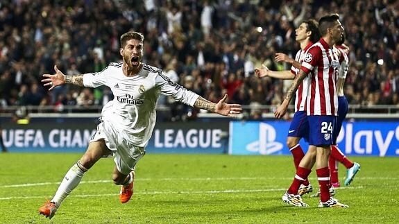 Sergio Ramos, en plena celebración por su gol en Lisboa. 