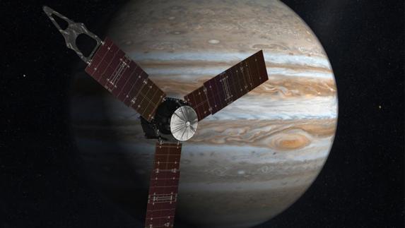 Representación artística de la NASA de Juno haciendo uno de sus viajes cerca de Júpiter.