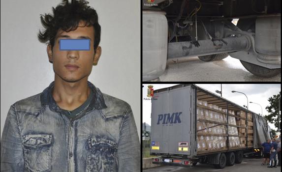 Imagen facilitada por la Policía italiana del inmigrante y el camión en el que viajó. 