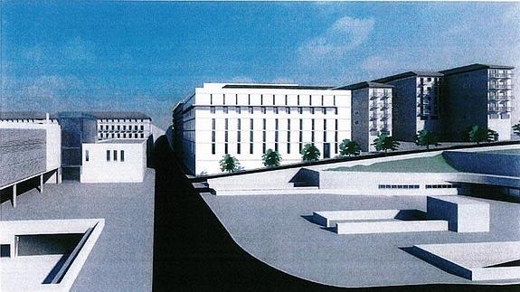 Recreación del hotel en el solar del cine Andalucía. La imagen simula ya otra edificación para la manzana del cine Astoria, a la izquierda