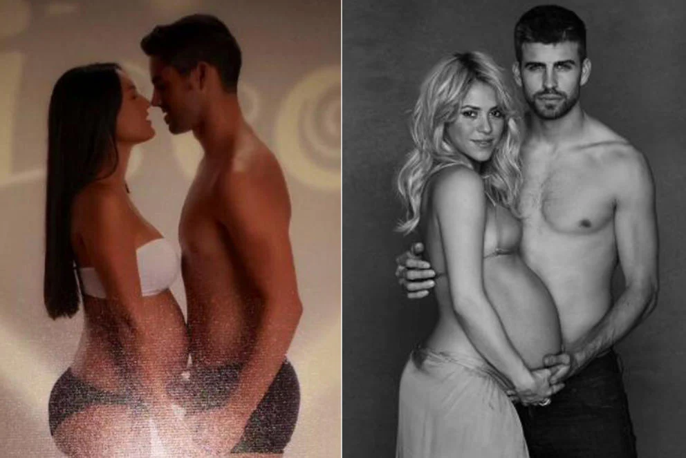 A la izquierda Isco y su nocia embarazada, Victoria. A la derecha Shakira y Piqué.