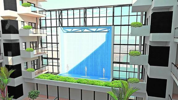 Estructura de vidrio que se ha construido en la urbanización Cosmo Beach para reducir el ruido en las viviendas. 