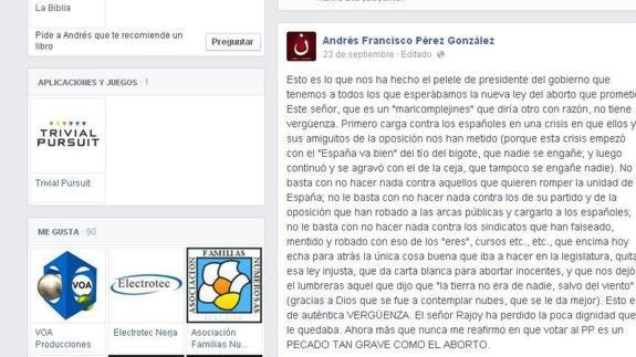 Texto íntegro publicado por el cura en su muro de Facebook. 