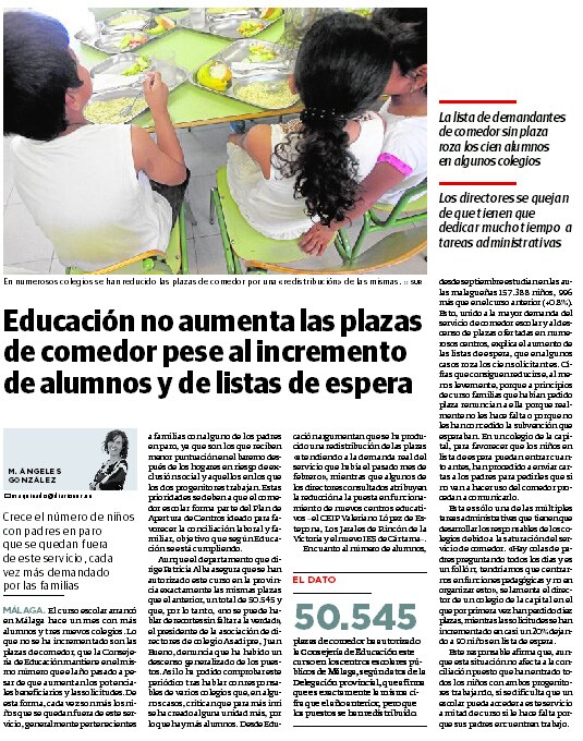 Educación no aumenta las plazas de comedor pese al incremento de alumnos y de listas de espera