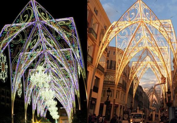 A la izquierda la iluminación de Puente Genil, a la derecha, la calle Larios.