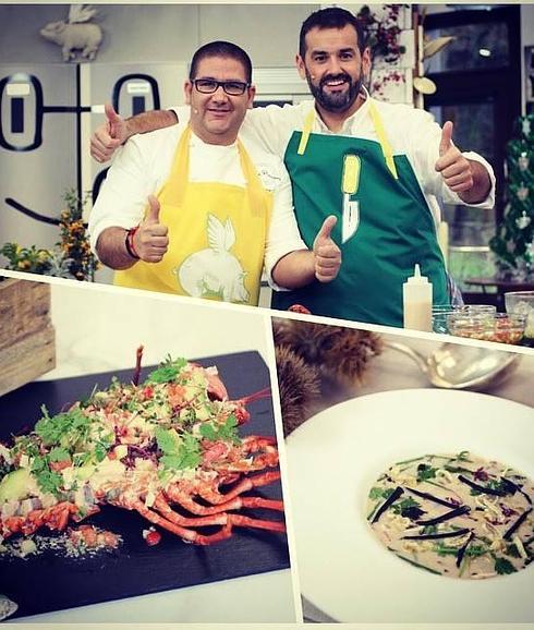 Arriba, Dani García y David de Jorge, durante el programa. Abajo, las dos recetas que cocinan juntos