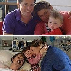 Alex Lewis, con su familia, en el hospital y con sus prótesis. 