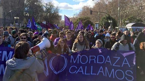 Integrantes de la delegación malagueña de Podemos por el Paseo del Prado. 