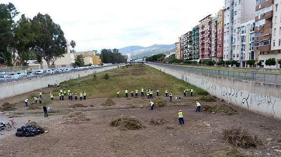 Cuadrilla de trabajadores en labores de limpieza en el cauce del Guadalmedina (archivo). 