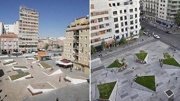 Vista de la plaza de Camas, (izquierda), y de la plaza Dalí de Madrid, a la derecha. 