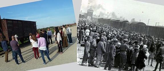 Un grupo de visitantes contempla un vagón original destinado al traslado de presos. A la derecha, prisioneros junto a un tren en el mismo lugar, Birkenau.