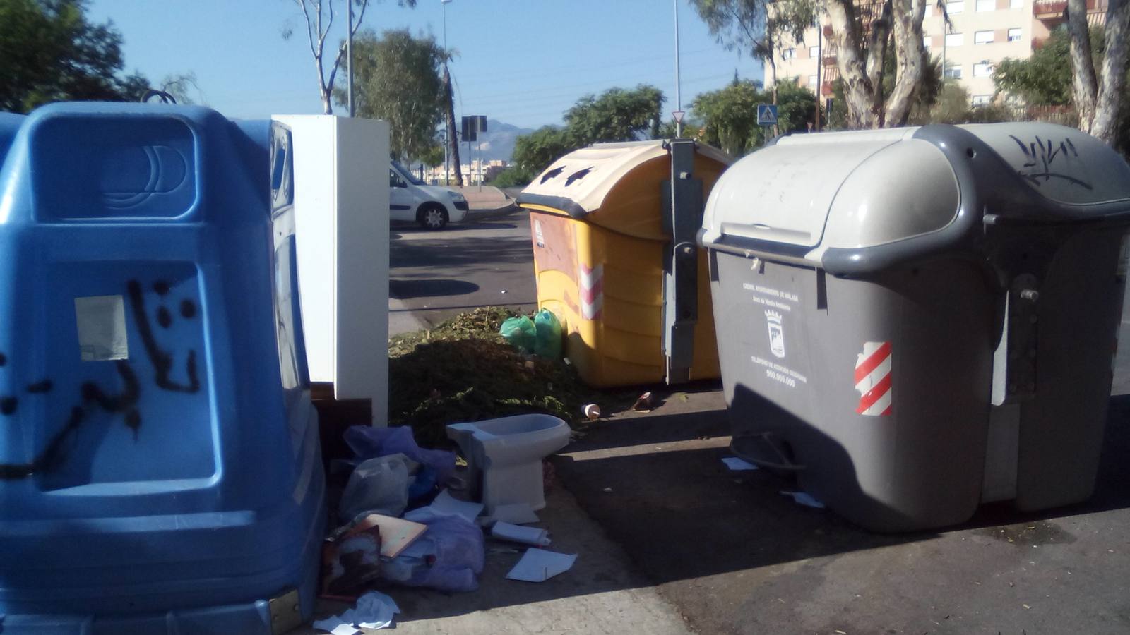 Basura, enseres y restos de podas tirados junto a los contenedores en Teatinos. 