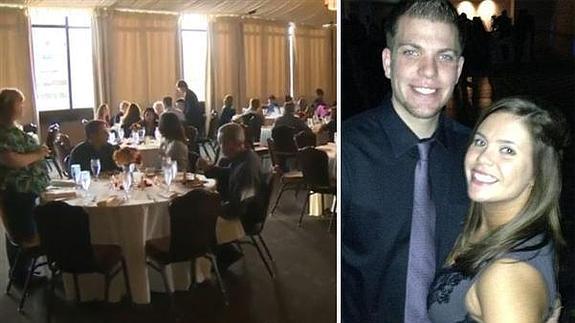 Los comensales invitados al banquete. A la derecha, los novios que anularon la boda.