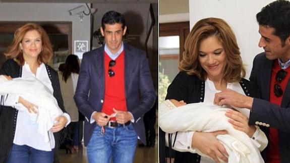 Beatriz Trapote, con su hijo en brazos, y Víctor Janeiro, a la salida del hospital. 
