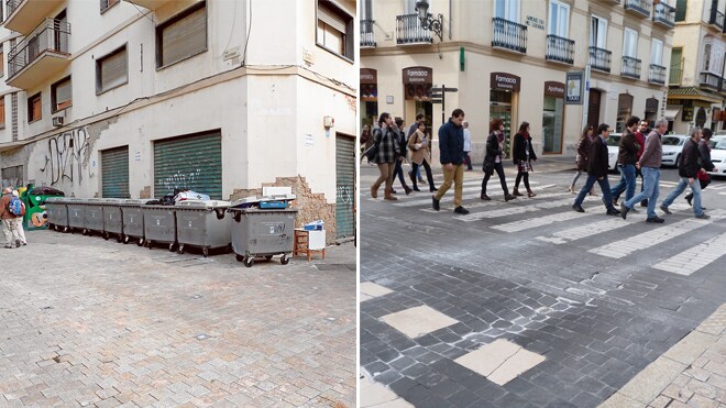 Contenedores en un lateral de la plaza. Derecha, hundimiento de la calzada.