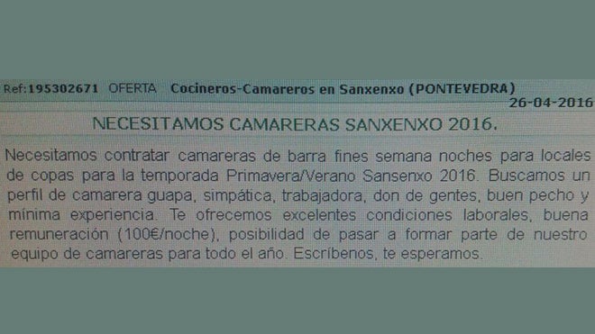 Denuncian oferta de empleo que solicita una camarera con "buen pecho y mínima experiencia"