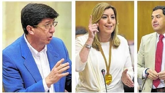 Juan Marín, Susana Díaz y Juanma Moreno, en la sesión de control a la presidenta ayer en el Parlamento. 
