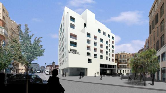 Recreación del hotel y la reconstrucción de La Mundial al fondo.