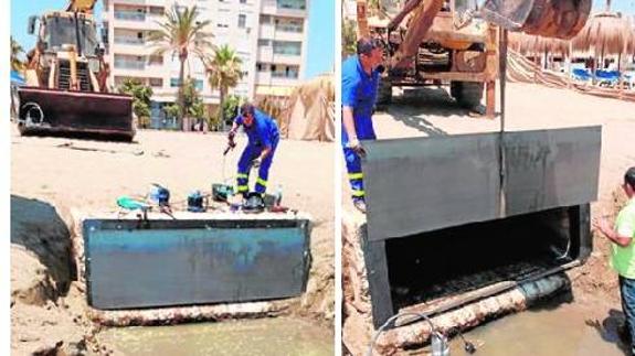 Pruebas con la nueva compuerta del aliviadero de los Guindos, que evita que entre el agua del mar cuando haya temporales, pero que sí desagua en caso de emergencia. 