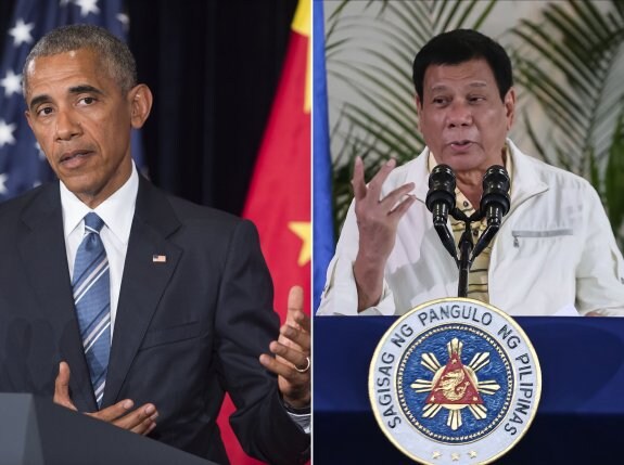 Barack Obama y Rodrigo Duterte, presidente de Filipinas desde el 30 de junio, en dos imágenes combinadas. :: afp