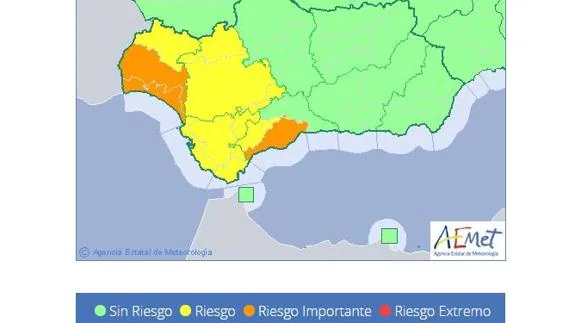 Imagen de la web de Aemet con los avisos activados en Andalucía.