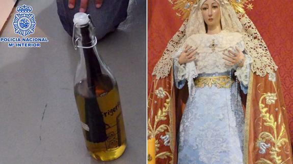 Cóctel molotov encontrado, a la izquierda, y la imagen de la Virgen de los Desamparados.