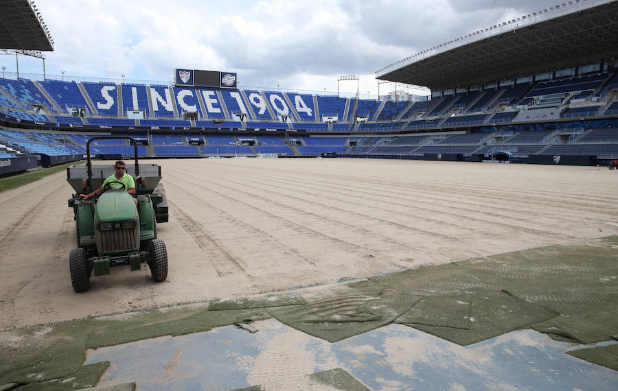 Los operarios trabajan en la resiembra del césped del estadio, ayer.