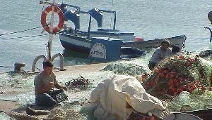 TRADICIONAL. Dos pescadores en el Puerto de La Atunara reparan sus redes y aparejos. / SUR ARCHIVO