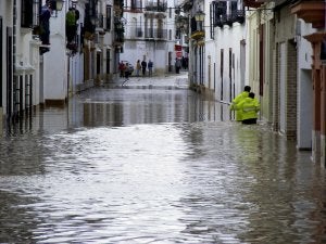 Una calle de la localidad sevillana de Écija inundada por el agua después de las lluvias caídas en las últimas horas. ::
EFE