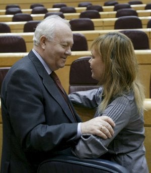 Miguel Ángel Moratinos y Leire Pajín se saludan en el Senado, en marzo de 2010. ::
EFE