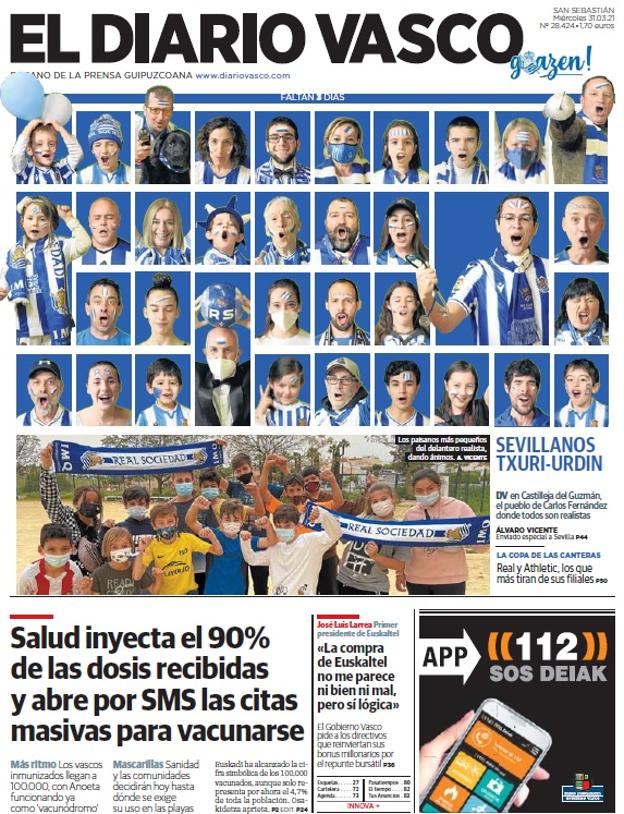 Portada de El Diario Vasco del 30 de marzo de 2021
