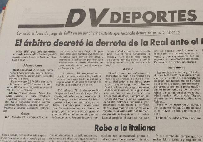 Crónica DV del partido Milan-Real Sociedad de 1987.