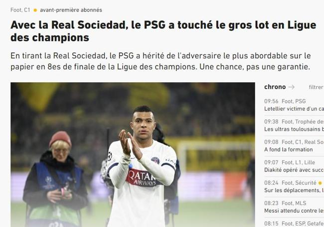 «Con la Real Sociedad, al PSG le toca el premio gordo en la Liga de Campeones», dice la web del L'Equipe.
