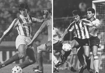 Loren regatea a un jugador del Colonia y Uralde controla el balón contra la Juventus en la edición que la Real y el Athletic jugaron la UEFA en la temporada 1988/1989.