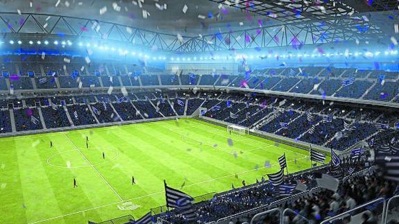 Imagen virtual del interior del Estadio de Anoeta que llevará adelante Anoeta Kiroldegia. Las gradas quedan pegadas al césped. / 