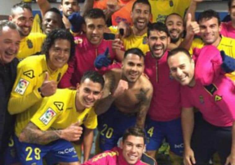 La celebración de los amarillos en Ipurua, tras el 0-1 en 2015-16 con gol de Bigas.