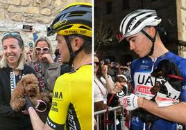 A la izquierda, Sepp Kuss saluda a su esposa Noemí Ferre y a su perra 'Bimba' a la llegada de la tercera etapa. A la derecha, Juan Ayuso, con 'Trufa', en la salida de la cuarta etapa.