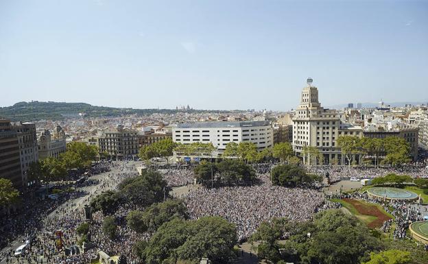 Vista aérea de la plaza Cataluña, en Barcelona. / 