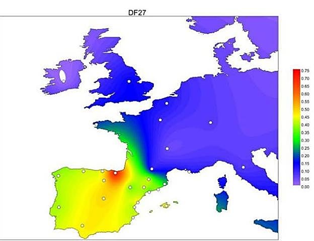 Mapa de la expansión de la variante cromosómica R1b-DF27 