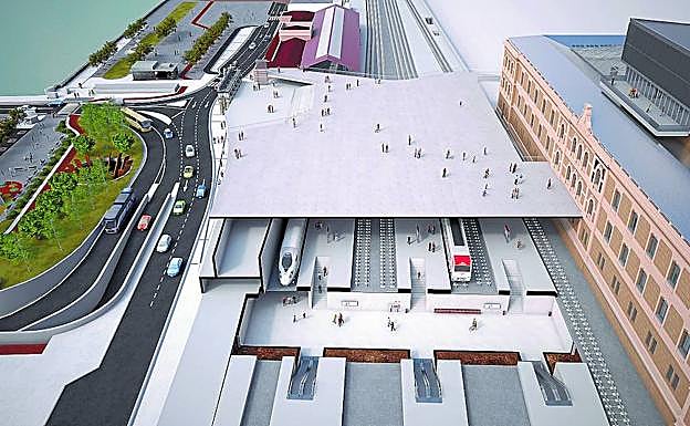 Recreación de la nueva estación de Atotxa, con los andenes cubiertos parcialmente por la gran plaza ante Tabakalera. 