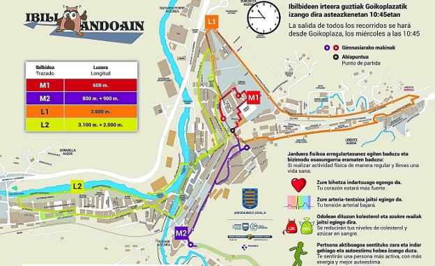 Plano con los cuatro trazados que se proponen y los puntos del municipio en los que se instalarán las máquinas de gimnasia.