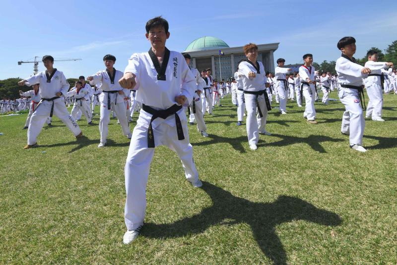 Diez mil deportistas de Taekwondo participan en una exhibición, delante del edificio de la Asamblea Nacional de Corea del Sur, en Seúl, para celebrar la declaración de este arte marcial como deporte oficial patrocinado por el Estado y para intentar marcar un nuevo récord Guinness de participantes. 