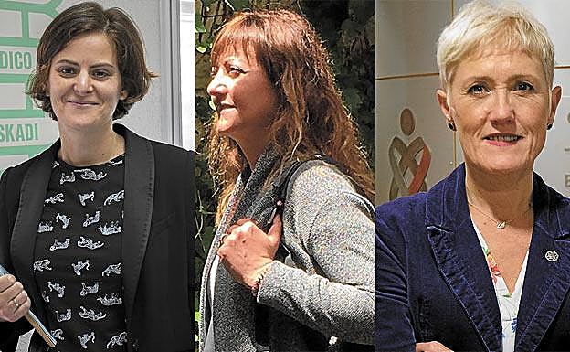 Mabel Arciniega, portavoz del SME, Mónica García, vicepresidenta de Osatzen y Pilar Lekuona, presidenta de las enfermeras de Gipuzkoa. 