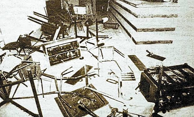 Estado en que quedó la casa del pueblo de Errenteria, a consecuencia del primer ataque, el 9 de junio de 1983. José María Gurrutxaga, tras el apaleamiento sufrido el 20 de diciembre del mismo año.