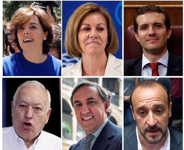 Combo de fotografías de archivo de los seis precandidatos para liderar el Partido Popular (izda a dcha, de arriba a abajo); Soraya Sáenz de Santamaría, María Dolores de Cospedal, Pablo Casado, José Manuel García Margallo, José Ramón García Hernández y Elio Cabanes. 