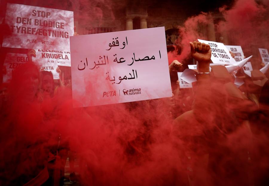 Las organizaciones animalistas Personas por el Trato Ético de los Animales (PETA) y AnimaNaturalis se han concentrado este jueves, víspera del comienzo de los Sanfermines, en una protesta antitaurina que ha tenido lugar en la plaza Consistorial, frente al Ayuntamiento de Pamplona.