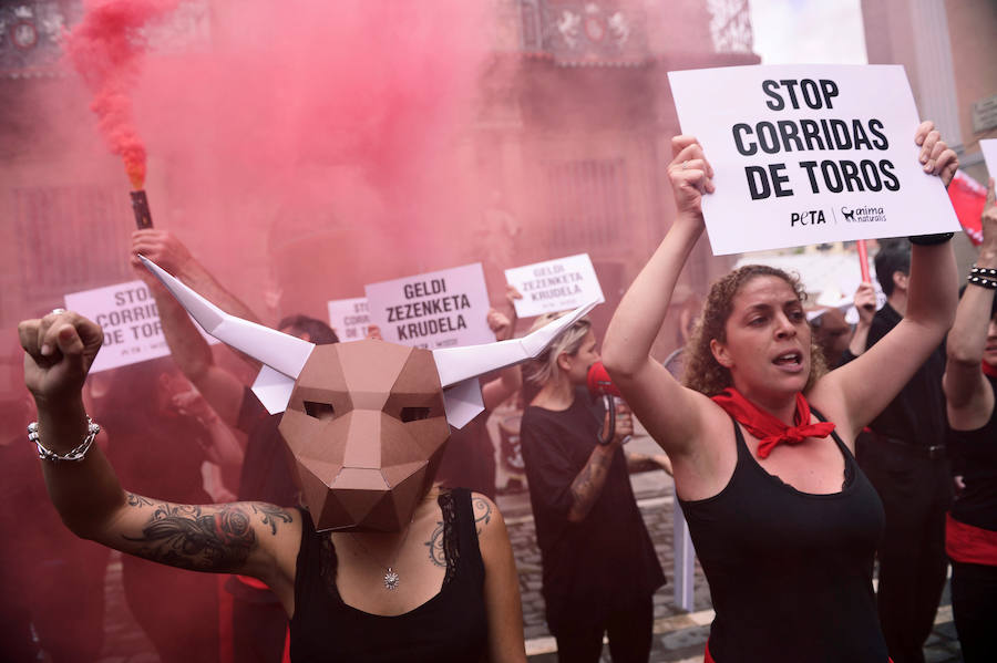 Las organizaciones animalistas Personas por el Trato Ético de los Animales (PETA) y AnimaNaturalis se han concentrado este jueves, víspera del comienzo de los Sanfermines, en una protesta antitaurina que ha tenido lugar en la plaza Consistorial, frente al Ayuntamiento de Pamplona.