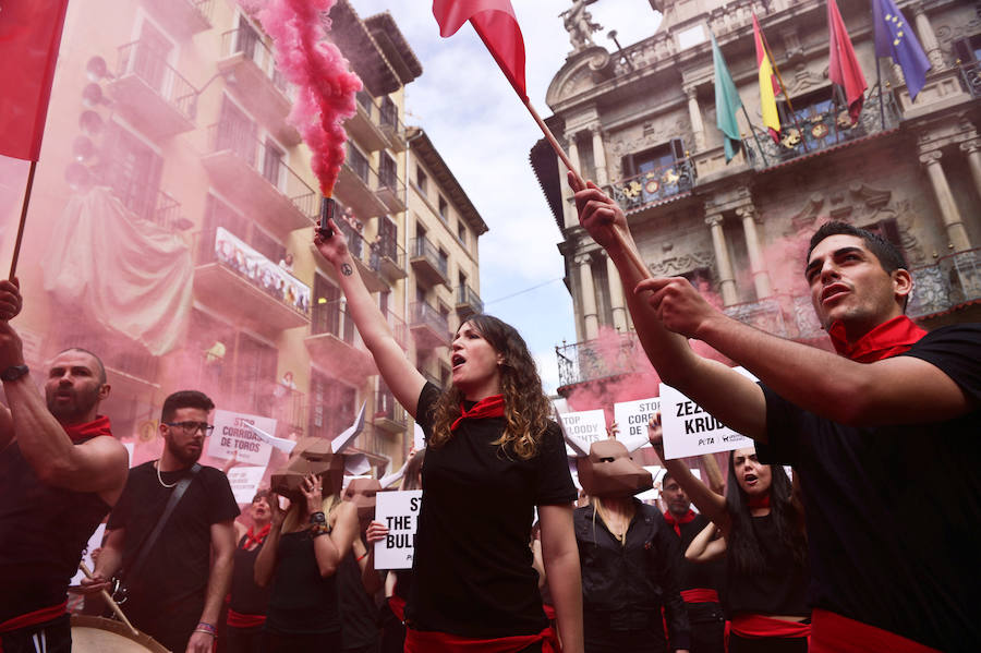 Las organizaciones animalistas Personas por el Trato Ético de los Animales (PETA) y AnimaNaturalis se han concentrado este jueves, víspera del comienzo de los Sanfermines, en una protesta antitaurina que ha tenido lugar en la plaza Consistorial, frente al Ayuntamiento de Pamplona.