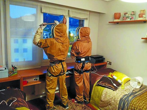 Dos voluntarios de Protección Civil retiraron el viernes un nido en un domicilio de Gernikako Arbola.