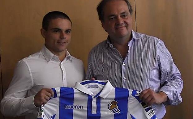 Luca Sangalli y Jokin Aperribay posan con la camiseta de la Real Sociedad. 